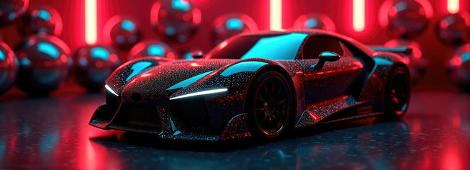 A sleek sports car shines under neon lights, showcasing its intricate design and shimmering surface...