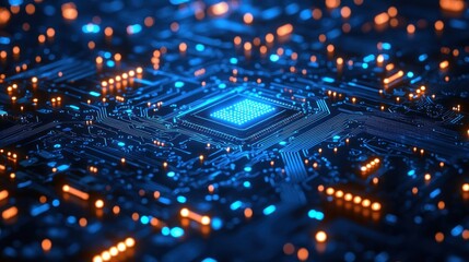 Obraz premium Close-up of a Blue Illuminated Circuit Board with a Glowing Processor