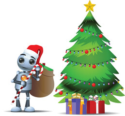 3D illustration of a little robot worker stand besides Christmas tree on isolated white background