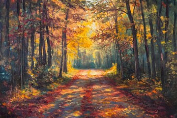 Obraz premium A path winds through a colorful autumn forest.