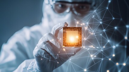 Scientist Holding Illuminated Microchip, Representing Futuristic Semiconductor Technology and Data Processing_4