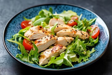 Asian chicken salad on a blue plate against a dark backdrop