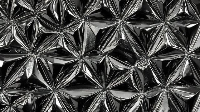 A close-up image of a black, shiny, patterned surface that resembles a crumpled plastic bag