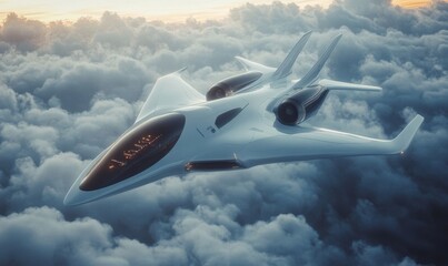 Isometric view of a futuristic electric airplane soaring through the clouds, showcasing sleek design and advanced technology
