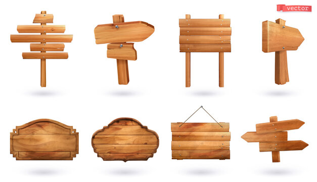 Wooden signs, 3d cartoon vector set
