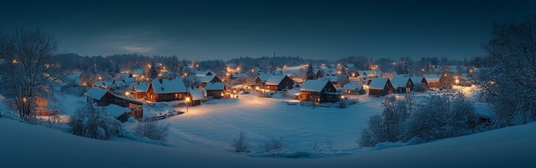 Snow-covered village with glowing windows and winter illumination at dusk, festive holiday scene