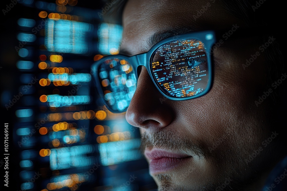 Poster Man wearing glasses with code reflected in them looking intently at a screen
