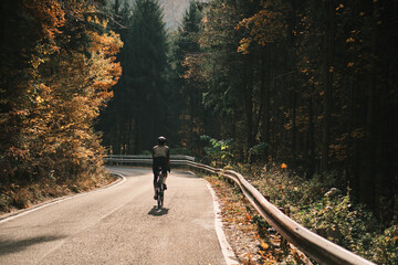 Cyclist riding through a scenic autumn forest road. Sunlight filters through the colorful leaves, creating a tranquil atmosphere. Perfect for travel, adventure, and sports themes. Romania. Carpathians