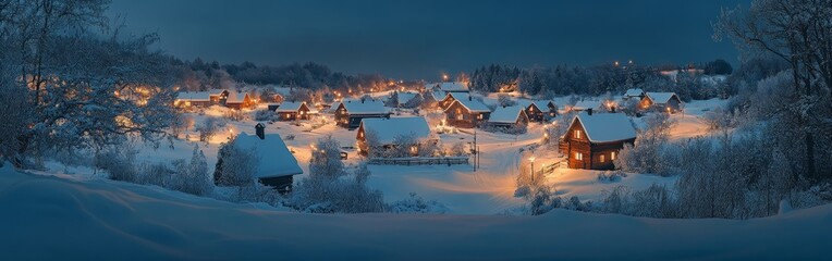 Snow-covered village with glowing windows and winter illumination at dusk, festive holiday scene