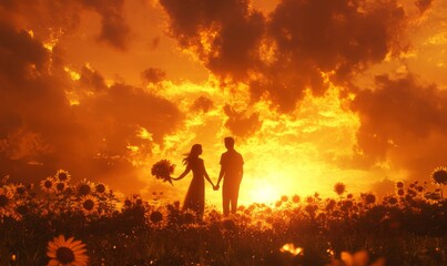 Fototapeta premium Silhouetted couple holding hands in a field of sunflowers, the sunset casting a golden light over the entire scene, 3D illustration