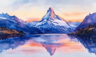 Obraz premium Watercolor The famous Matterhorn reflected in the Stellisee during dawn. Zermatt, Switzerland