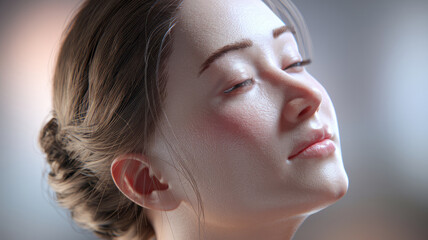 Fototapeta premium A woman with a white face and brown hair is smiling. The image has a happy and peaceful mood