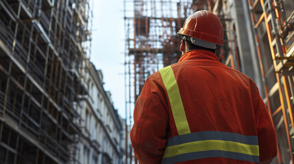 Construction worker on site facing the buildings under construction