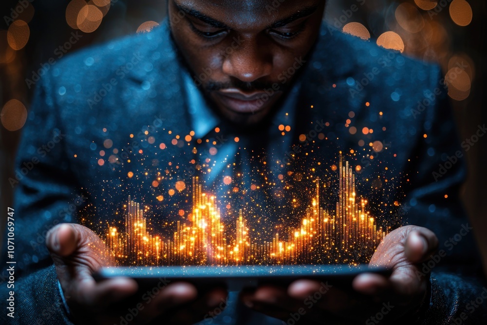 Poster man holding smartphone with digital cityscape and sparkles