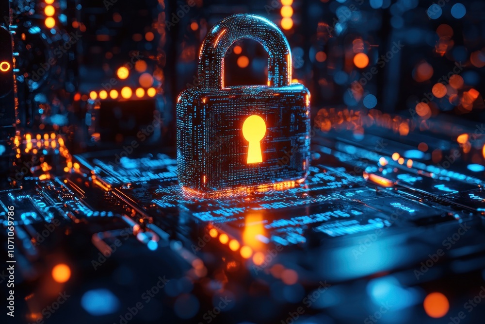 Poster a glowing digital padlock on a circuit board with blue and orange lights.