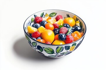 Bowl of fresh fruit salad on a white background Nutritious summer dish