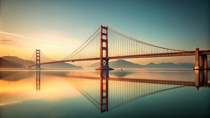 Obraz premium Minimalist Illustration of Golden Gate Bridge Over Water, Showcasing the Beauty of Connection and Engineering in a Serene Landscape with Soft Colors and Reflections