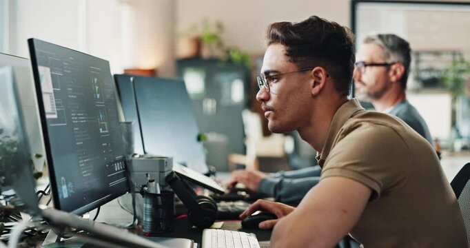 Man, office and serious with coding on computer for programing and system update as software engineer. Male person, employee and information with innovation project, data development and website