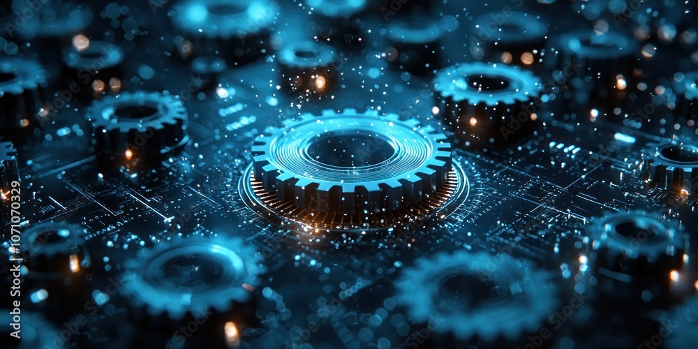 Poster glowing cogwheel with bokeh effect on circuit board