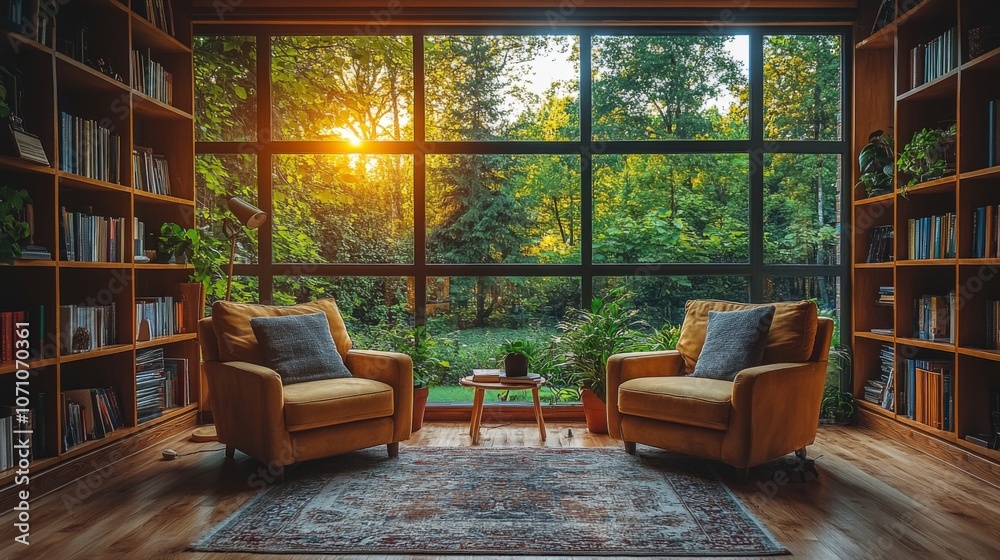 Aufkleber A warm reading area features two comfortable chairs and a small table, framed by large windows showcasing a stunning sunset and vibrant nature.