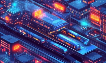 Fototapeta premium Isometric futuristic electric train station floating in mid-air, with trains hovering above tracks, high-tech and imaginative