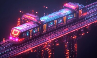 Fototapeta premium Isometric futuristic electric train station floating in mid-air, with trains hovering above tracks, high-tech and imaginative