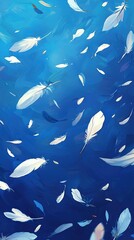 Obraz premium A painting of white feathers floating on blue water, beneath a blue sky