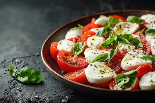 Caprese salad featuring tomatoes mozzarella and basil on a dark wooden plate Close up