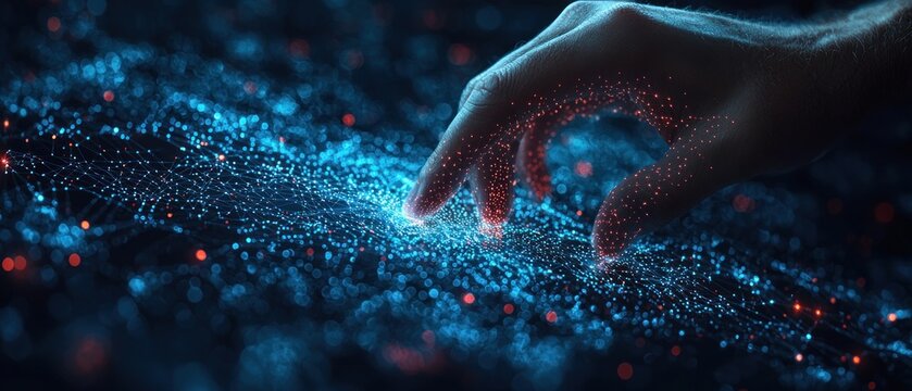 Human Hand Interacting with a Digital Network of Glowing Blue and Red Lines