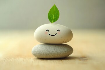 Celebrating life balance and positivity with a cartoonish pebble stack and leaf Tranquil alignment of body mind soul and spirit for mental well being
