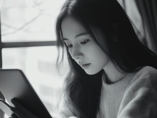 Naklejka premium Contemplative Young Woman with a Tablet