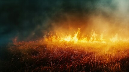 Field of Grass Burning with Smoke and Flames