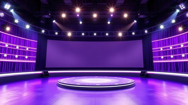 Empty TV game show set with big spotlights on purple stage, stage, purple, empty