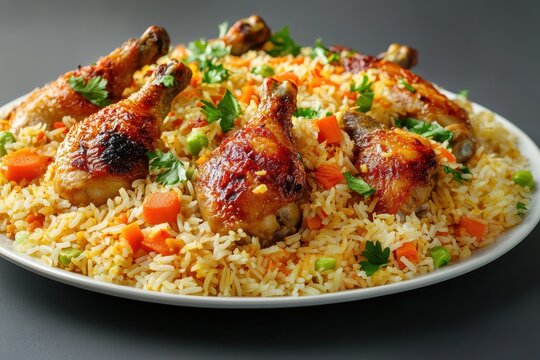Chicken rice dish with vegetables and spices popular in Eastern cuisine Dark grey backdrop