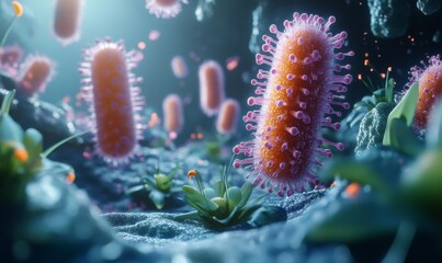 Naklejka premium 3D illustration of bacterial cells, with detailed cell wall and flagella, showcasing microbiology
