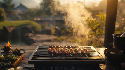 夕暮れの七輪で焼く焼き鳥
