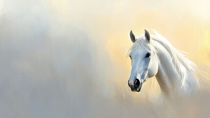 Fototapeta premium A white horse with long manes and a black nose stands against a yellow background in this painting