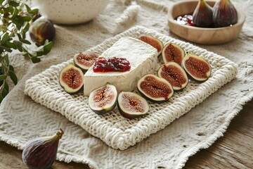 Fototapeta premium white cheese with figs and jam gourmet cheese selection delicious appetizers rustic food