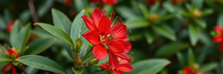 Fototapeta premium Vibrant red Escallonia rubra var macrantha flowers in full bloom with delicate stamens and petals, red, bloom, nature