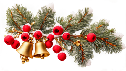 A pine branch with frosty snow details, decorated with mini golden bells and red berries, isolated on a transparent background