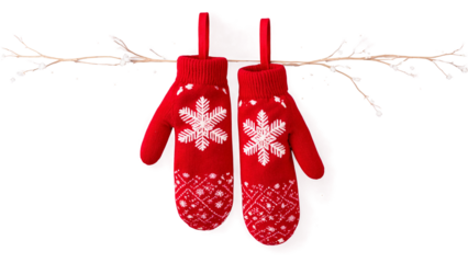 A pair of festive mittens in red with white snowflake patterns, connected by a thin string. PNG transparent.
