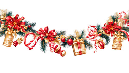 A festive garland with miniature wrapped presents, candy canes, and shiny gold ornaments, creating a vibrant, joyful look. Transparent background.