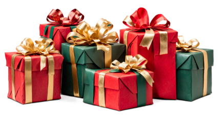 A stack of wrapped Christmas gifts in festive red, green, and gold paper with elegant bows, creating a cheerful holiday vibe. Transparent background.