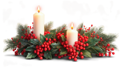 A pair of Christmas candle decorations with greenery and red berries at the base, radiating a warm, cozy holiday glow. PNG transparent background.