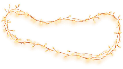 A simple string of fairy lights in warm golden tones, arranged in a soft curve to create a cozy, festive feel. PNG transparent.