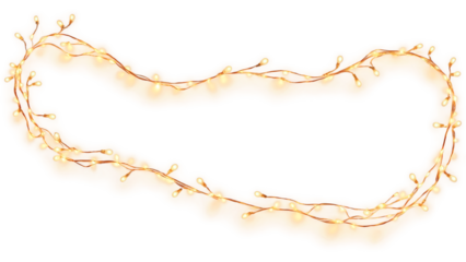 A simple string of fairy lights in warm golden tones, arranged in a soft curve to create a cozy, festive feel. PNG transparent.
