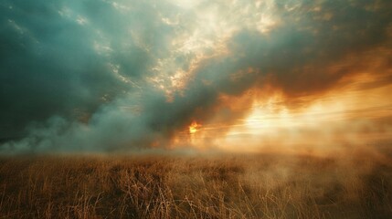 Smoky Sunset Over a Field of Tall Grass