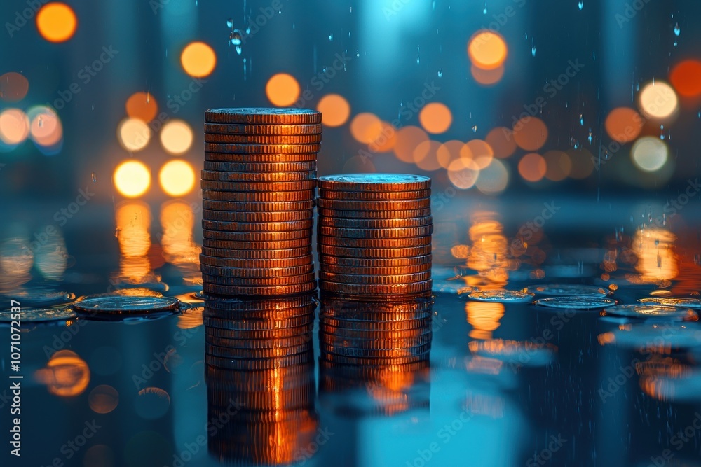 Poster coin stacks reflecting in water with rain and bokeh lights