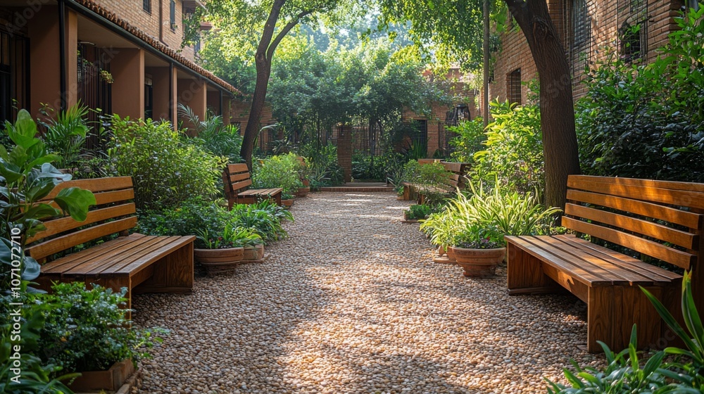 Aufkleber a serene pathway in a garden features wooden benches and abundant greenery, creating a tranquil atmo