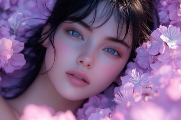 Close-up Portrait of a Woman with Blue Eyes Surrounded by Pink Flowers